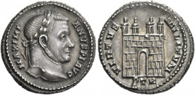 Galerius augustus, 305 – 311 
Argenteus, Treviri circa 305-307, AR 3.36 g. MAXIMI – ANVS P F AVG Laureate head r. Rev. VIRTVS – MILITVM Camp gate wit...