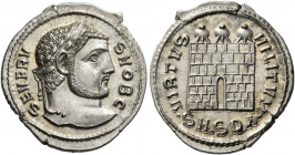 Severus II caesar, 305 – 306
Argenteus, Serdica circa 305-306, AR 3.29 g. SEVERV – S NOB C Laureate head r. Rev. VIRTVS – MILITVM Camp gate with thre...