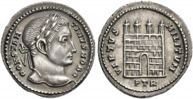 Constantine I caesar, 306 – 309 
Argenteus, Treveri 306-307, AR 3.23 g. CONSTAN – TINVS NOB C Laureate head r. Rev. VIRTVS – MILITVM Camp gate with f...