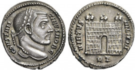 Constantine I caesar, 306 – 309 
Argenteus 306-307, AR 3.52 g. CONSTAN – TINVS NOB C Laureate head r. Rev. VIRTVS – MILITVM Camp gate with three turr...