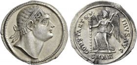 Constantine I augustus, 307 – 337 
Siliqua, Antiochia 329, AR 2.98 g. Diademed head r. Rev. CONSTANT – INVS AVG Victory advancing l., holding trophy ...