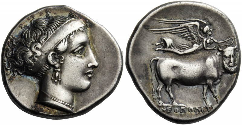 Neapolis 
Didrachm circa 395-385, AR 7.55 g. Head of nymph Parthenope r., weari...