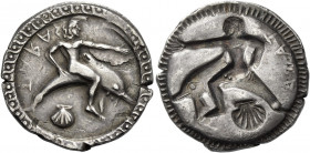 Calabria, Tarentum 
Nomos circa 510-450, AR 7.98 g. TARAΣ retrograde Oecist seated on dolphin r., l. arm extended; below, pecten. Rev. The same type ...