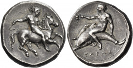 Calabria, Tarentum 
Nomos circa 370, AR 7.77 g. Naked horseman galloping on prancing horse r., holding whip in his outstretched r. hand. Rev. Phalant...