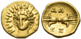 Calabria, Tarentum 
Obol or twelfth stater circa 333-330, AV 0.58 g. Radiate head of Helios facing slightly l. Rev. Thunderbolt; above, AΛ and below,...