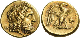 Calabria, Tarentum 
Stater circa 276-272, AV 8.55 g. Laureate head of Zeus r.; behind, NK ligate. Rev. TAPANTINΩN – [Α]ΠΟΛ Eagle standing r. on thund...