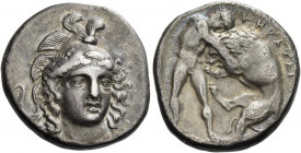 Lucania, Heraclea 
Nomos circa 390-340, AR 7.48 g. Head of Athena facing three-quarters r., wearing triple-crested Attic helmet. Rev. |-HPAKΛ[HIΩN] H...