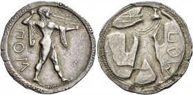 Poseidonia 
Nomos circa 520-500, AR 7.52 g. ΠΟΣ Poseidon bearded, diademed and naked but for chlamys over shoulders, advancing r., hurling trident in...