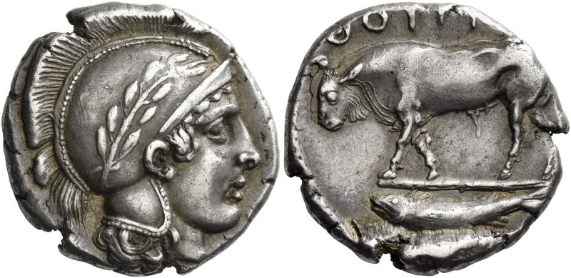 Thurium 
Nomos circa 443-400, AR 7.91 g. Head of Athena r., wearing crested and...