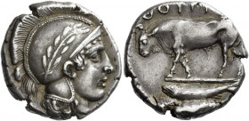 Thurium 
Nomos circa 443-400, AR 7.91 g. Head of Athena r., wearing crested and wreathed Attic helmet. Rev. ΘOYPI[ΩN] Bull standing l.; in exergue, f...
