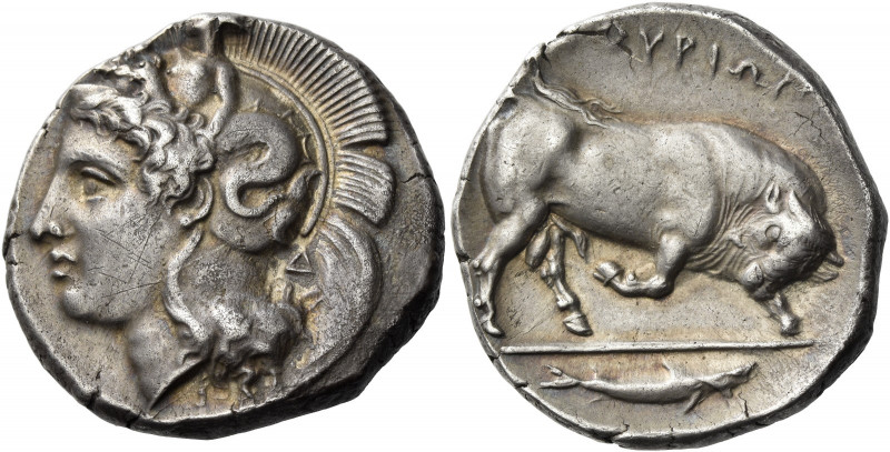 Thurium 
Dinomos circa 400-350, AR 15.74 g. Head of Athena l., wearing crested ...