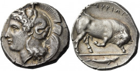 Thurium 
Dinomos circa 400-350, AR 15.74 g. Head of Athena l., wearing crested Attic helmet decorated with Scylla scanning; below, Δ. Rev. ΘOYPIΩN Bu...