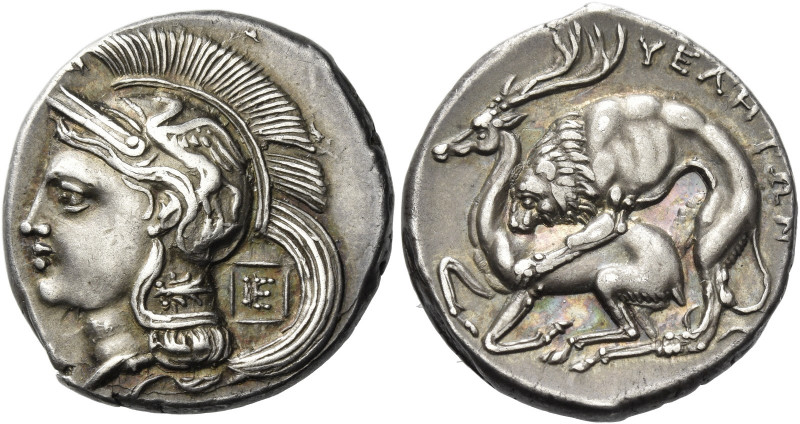 Velia 
Nomos circa 280, AR 7.57 g. Head of Athena l., wearing crested Attic hel...