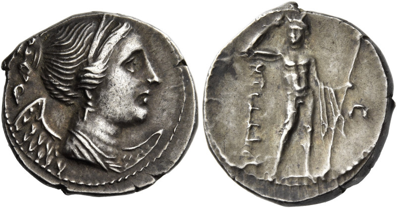 Bruttium, The Brettii 
Drachm circa 216-214, AR 5.00 g. Diademed bust of Nike r...