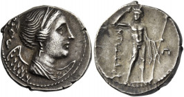 Bruttium, The Brettii 
Drachm circa 216-214, AR 5.00 g. Diademed bust of Nike r. Rev. ΒΡΕΤΤΙΩΝ Naked river-god facing with chlamys over l. arm, crown...