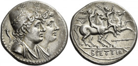 Bruttium, The Brettii 
Reduced quadrigatus circa 215-205, AR 5.61 g. Jugate busts of the Dioscuri r., wearing chlamydes and laureate pilei; above, tw...