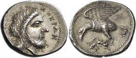 Locri 
Nomos circa 320-280, AR 7.71 g. ΛOKPΩN Laureate head of Zeus r. Rev. Eagle flying l. with dead hare in talons; above, thunderbolt. SNG ANS 526...