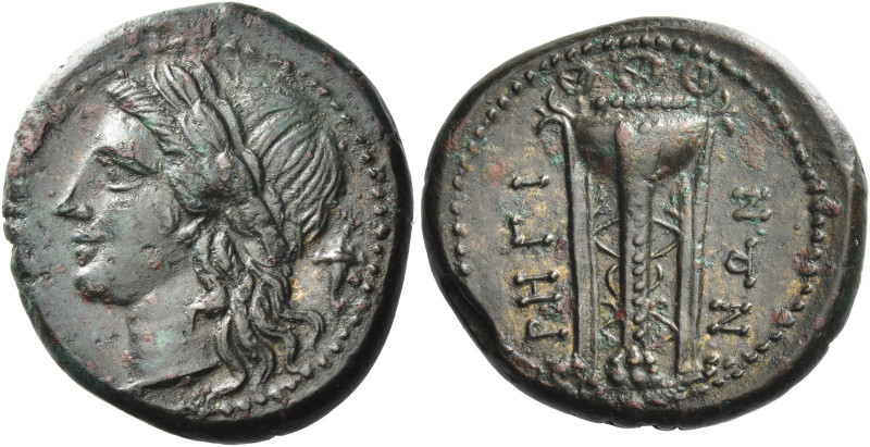 Rhegium 
Bronze circa 260-215, Æ 8.63 g. Laureate head of Apollo l.; behind, co...