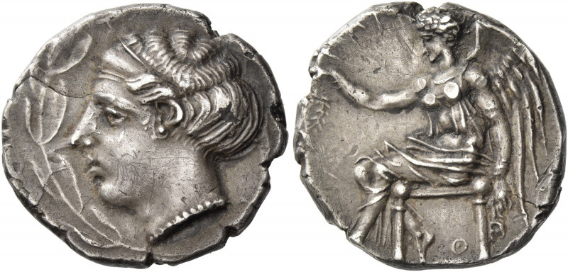 Terina 
Nomos circa 440-425, AR 7.62 g. Head of nymph Terina l., all within oli...