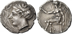 Terina 
Nomos circa 440-425, AR 7.62 g. Head of nymph Terina l., all within olive wreath Rev. [TEPINAION] Nike seated l. on stool, holding wreath in ...