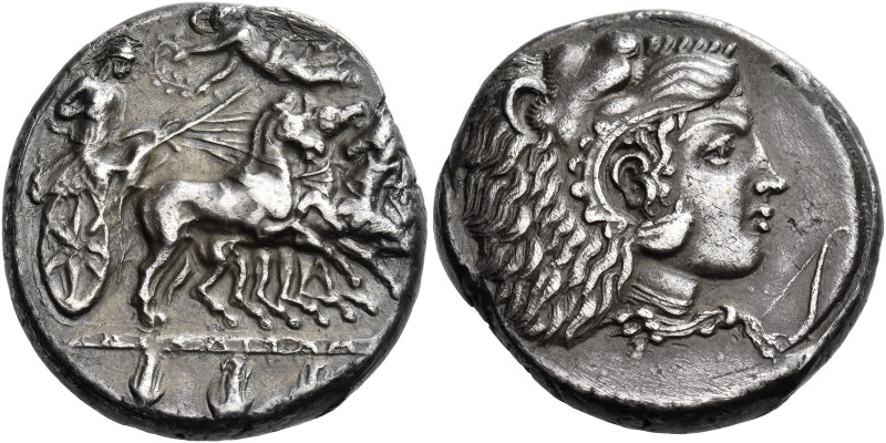 Camarina 
Tetradrachm circa 425-405, AR 16.76 g. [KAMAPINAIΩN] retrograde Athen...