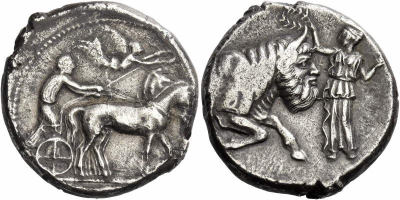 Gela 
Tetradrachm circa 440-430, AR 17.32 g. Slow quadriga driven r. by chariot...