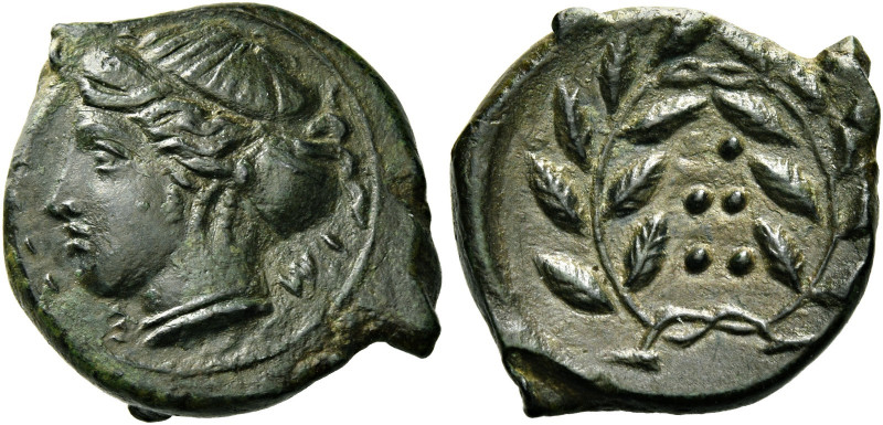 Himera 
Hemilitra circa 415-409, Æ 3.57 g. IM – E Head of nymph l., wearing sph...