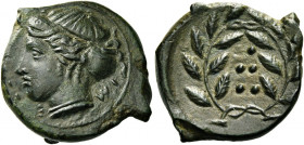 Himera 
Hemilitra circa 415-409, Æ 3.57 g. IM – E Head of nymph l., wearing sphendone; in l. field, six pellets. Rev. Six pellets within wreath. SNG ...