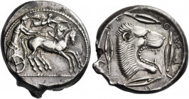 Leontini 
Tetradrachm circa 475, AR 16.74 g. Fast quadriga driven r. by charioteer, holding kentron and reins; above, Nike flying r. to crown horses....