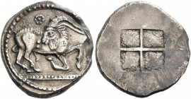 The Krestonians or Mygdonians 
Stater circa 485-480, AR 8.63 g. Goat kneeling r., head reverted; above, dotted Θ. Rev. Quadripartite incuse square. S...