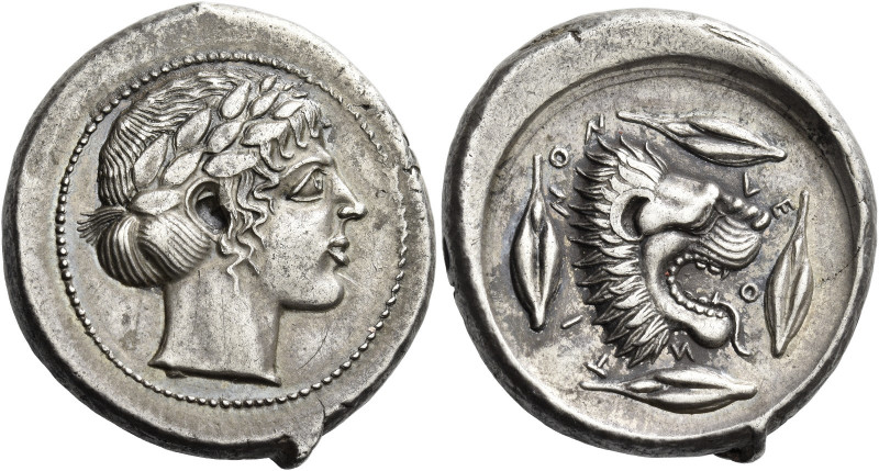 Leontini 
Tetradrachm circa 455-440, AR 17.29 g. Laureate head of Apollo r. Rev...