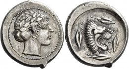 Leontini 
Tetradrachm circa 455-440, AR 17.29 g. Laureate head of Apollo r. Rev. LE – O – N – TI – NO – N Lion’s head r., with jaws open and tongue p...