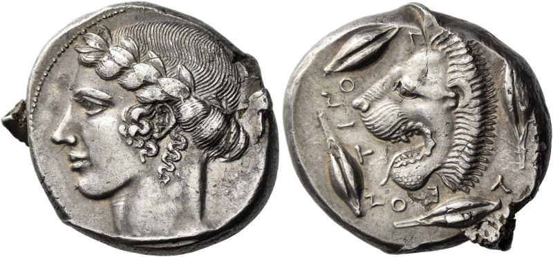 Leontini 
Tetradrachm circa 450, AR 17.27 g. Laureate head of Apollo l. Rev. Λ ...