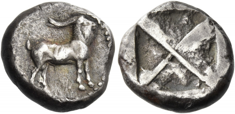 Uncertain 
Drachm circa 480-460, AR 4.31 g. Male goat standing r. Rev. Quadripa...