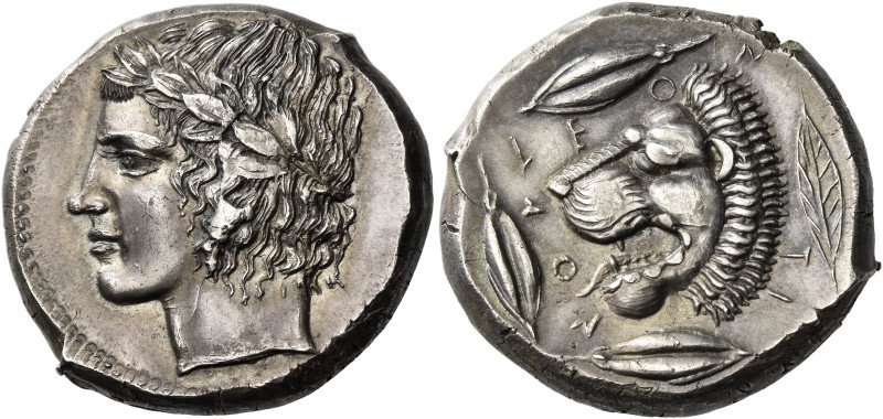 Leontini 
Tetradrachm circa 430-425, AR 17.82 g. Laureate head of Apollo l. Rev...