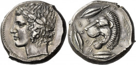 Leontini 
Tetradrachm circa 430-425, AR 17.82 g. Laureate head of Apollo l. Rev. LEO – N – TI – NON Lion's head l., with open jaws and protruding ton...