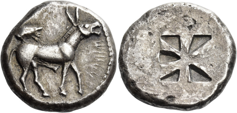 Macedonia, Mende 
Tetradrachm circa 520-480, AR 17.23 g. MINA retrograde Ithyph...