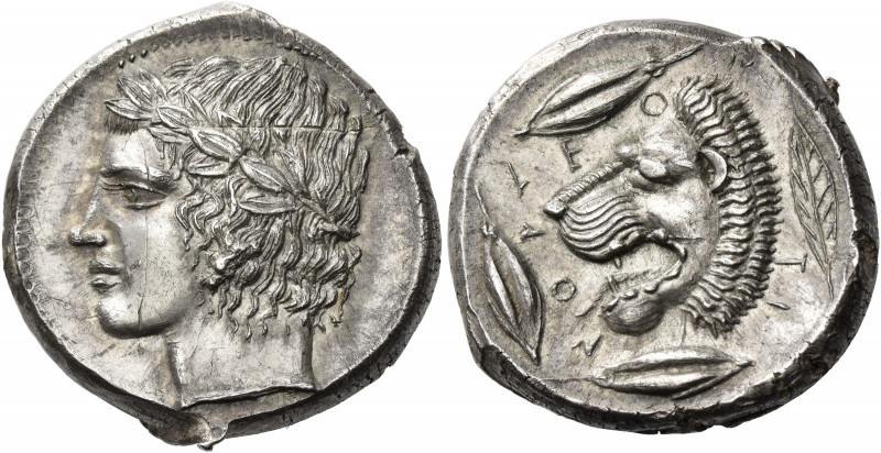 Leontini 
Tetradrachm circa 430-425, AR 17.15 g. Laureate head of Apollo l. Rev...