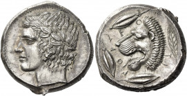 Leontini 
Tetradrachm circa 430-425, AR 17.15 g. Laureate head of Apollo l. Rev. LEO – N – TI – NON Lion's head l., with open jaws and protruding ton...