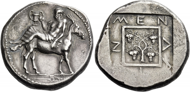 Macedonia, Mende 
Tetradrachm circa 423, AR 16.90 g. Elderly Dionysus, wearing ...