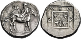 Macedonia, Mende 
Tetradrachm circa 423, AR 16.90 g. Elderly Dionysus, wearing ivy wreath and himation, reclining on mule's back l., holding cantharu...
