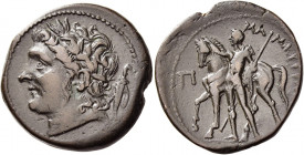 Mamertini 
Pentoncia circa 220-200. Æ 11.79 g. Laureate head of young Ares l.; behind, sword in scabbard. Rev. ΜΑ – ΜΕΡ – [ΤΙΝΩΝ] Horseman, holding a...