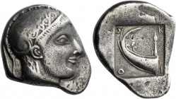 Scione 
Tetradrachm circa 480-470, AR 16.44 g. Head of Protesilus r., wearing Attic helmet decorated with wreath and crest inscrived [ΠΡΟΤΕΣΙΛΑΟΣ ret...