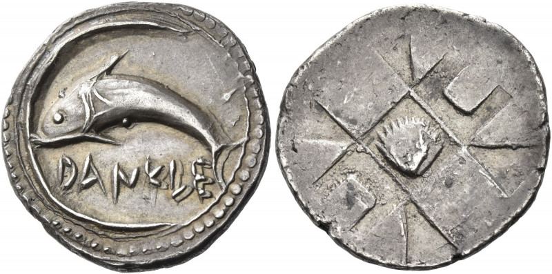 Messana 
As Zankle under the Samians. Chalcidian drachm circa 500, AR 5.61 g. D...
