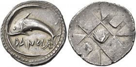 Messana 
As Zankle under the Samians. Chalcidian drachm circa 500, AR 5.61 g. DANKLE Dolphin swimming l. within sickle-shaped open harbour; outer edg...