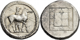 Kings of Macedonia, Alexander I, 498 – 454 
Octodrachm circa 465-460, AR 29.01 g. Warrior, wearing causia and holding two spears, standing behind hor...