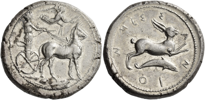 Messana 
Tetradrachm circa 425-421, AR 17.31 g. Biga of mules driven r. by char...