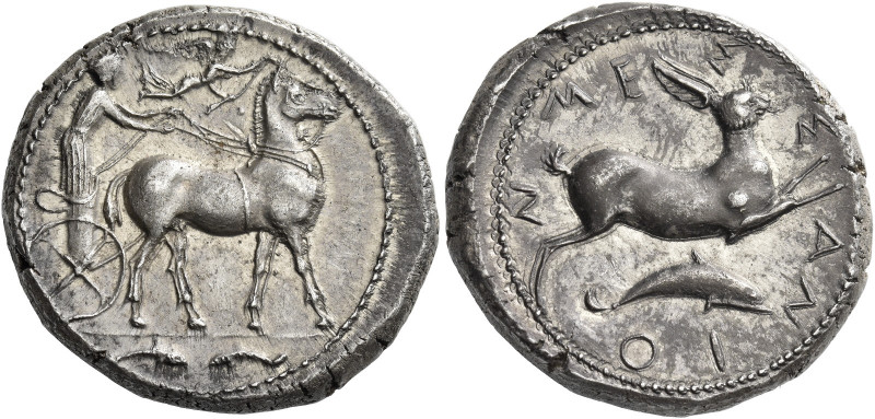 Messana 
Tetradrachm circa 425-421, AR 17.34 g. Biga of mules driven r.; above ...