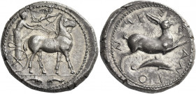 Messana 
Tetradrachm circa 425-421, AR 17.34 g. Biga of mules driven r.; above Nike flying r. to crown mules. In exergue, two dolphins snout to snout...