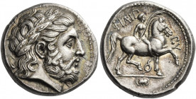 Philip II, 359 – 336 and posthumous issues
Tetradrachm, Pella circa 323-315, AR 14.44 g. Laureate head of Zeus r. Rev. ΦIΛIΠ – ΠOY Horseman riding r....